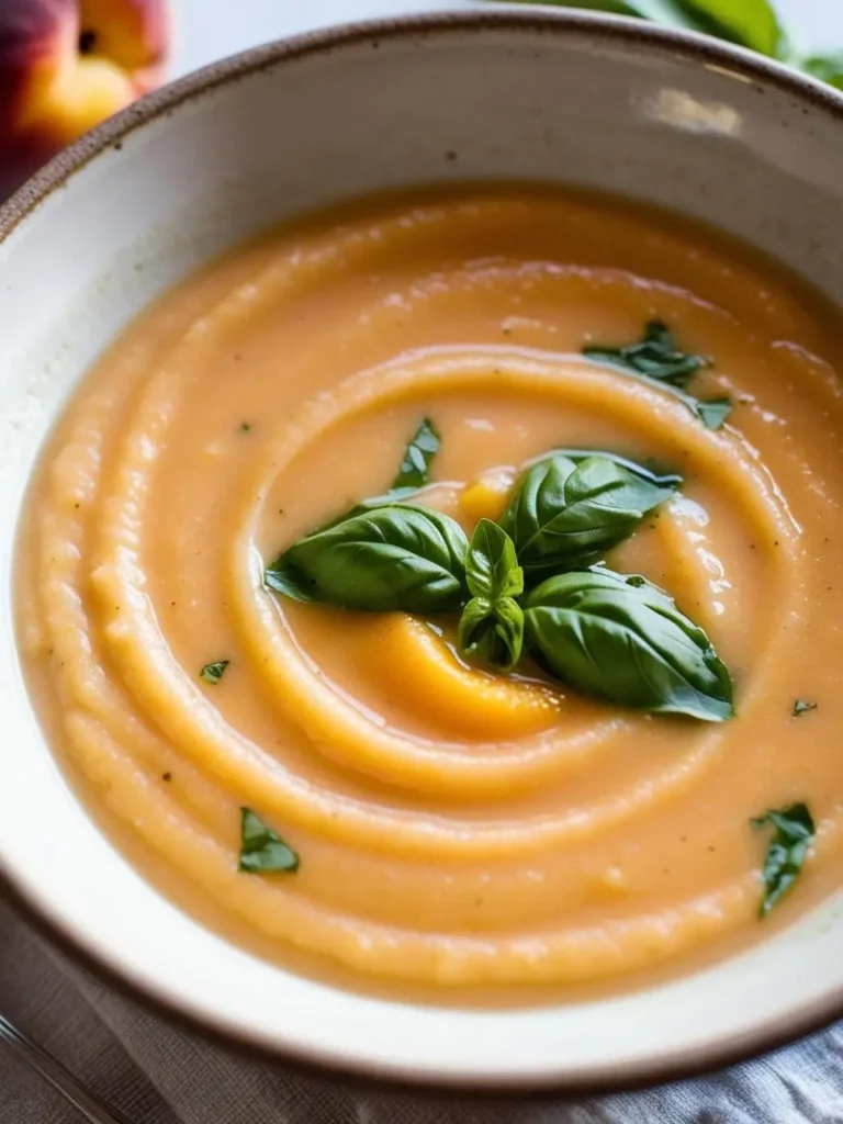 A bowl of creamy peach soup. The soup is a vibrant orange color, garnished with fresh basil leaves. The image evokes the sweetness of summer fruits and the promise of a light and refreshing meal.