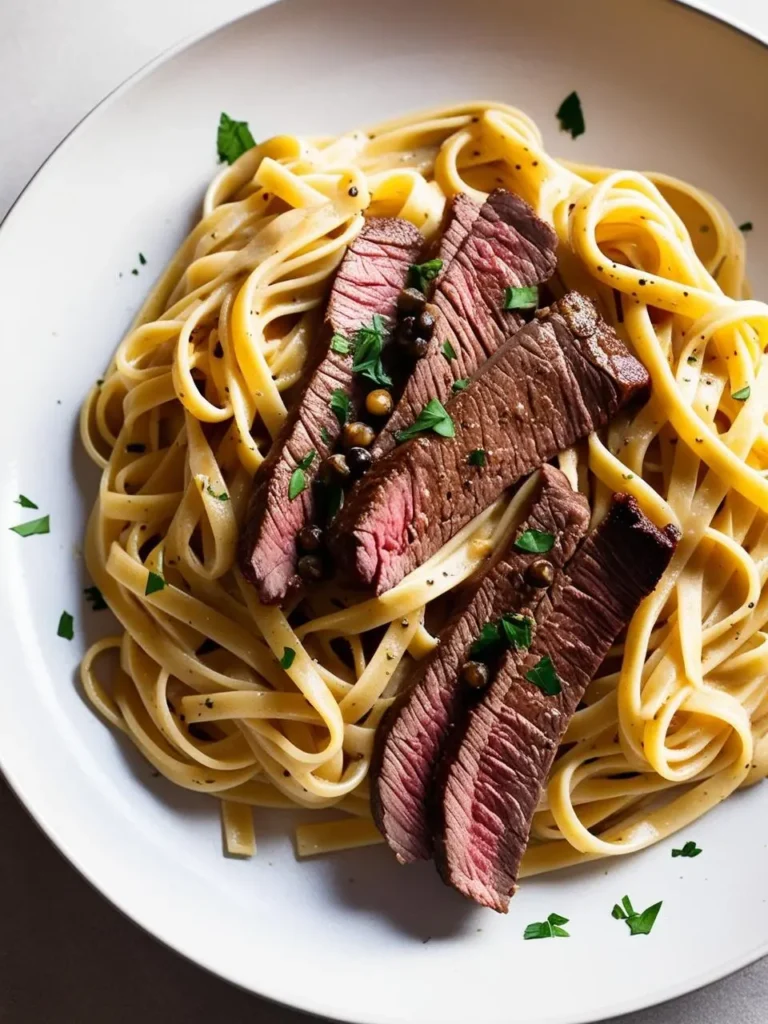 A plate of fettuccine pasta topped with slices of perfectly seared steak. The steak is tender and juicy, with a beautiful pink center. The pasta is coated in a creamy sauce and sprinkled with fresh parsley and peppercorns. The dish looks incredibly appetizing and perfect for a satisfying meal.