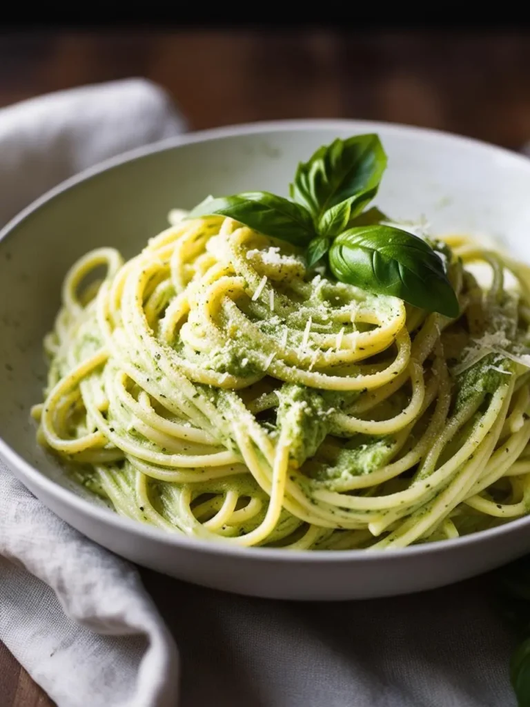 A plate of spaghetti coated in a vibrant green pesto sauce. The pasta is garnished with fresh basil leaves and grated Parmesan cheese, creating a flavorful and visually appealing dish. The image evokes the freshness of the ingredients and the promise of a delicious Italian meal.