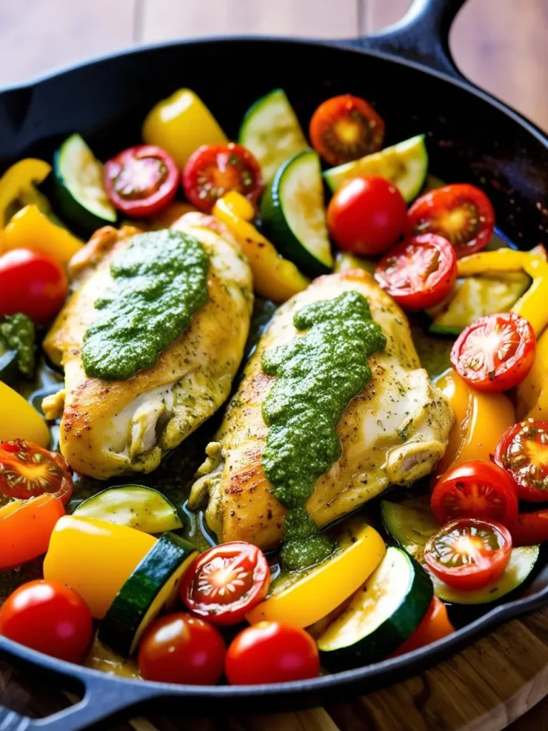 A cast-iron skillet filled with a colorful and delicious one-pan meal. Juicy chicken breasts are topped with pesto and surrounded by roasted vegetables like zucchini, cherry tomatoes, and yellow bell peppers. Fresh basil leaves add a touch of color and aroma. The dish looks incredibly appetizing and perfect for a healthy and satisfying meal.