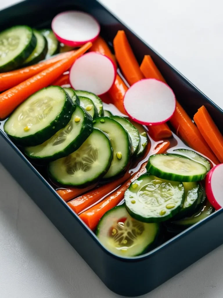 A rectangular container filled with sliced cucumbers, carrots, and radishes.  The cucumbers are cut into thick rounds, the carrots into sticks, and the radishes into thin circles. The vegetables are arranged neatly, showcasing their vibrant colors and fresh appearance. The image suggests a healthy and refreshing snack or side dish.