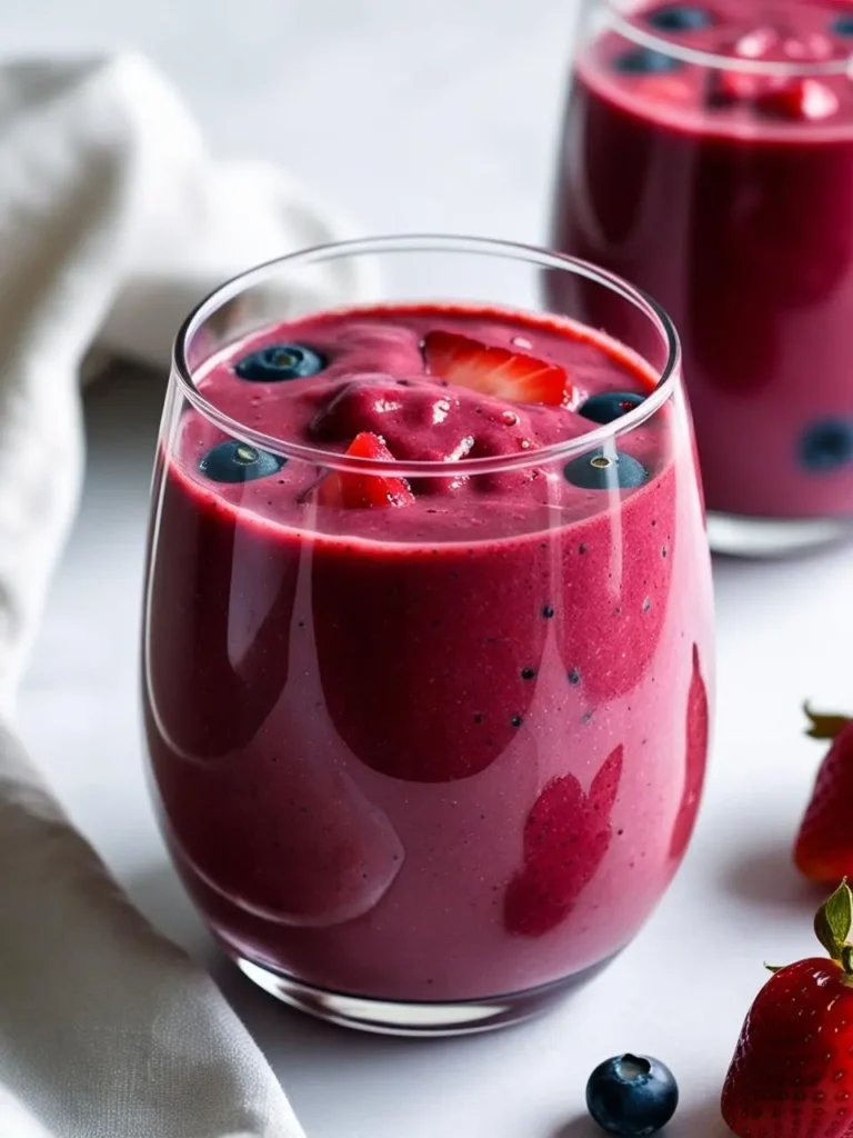 two glasses filled with a vibrant berry smoothie, garnished with blueberries and strawberries, sit on a light surface. the smoothie in the foreground is in focus, while the one in the background is slightly blurred. a white cloth and scattered berries surround the glasses, creating a refreshing and inviting scene