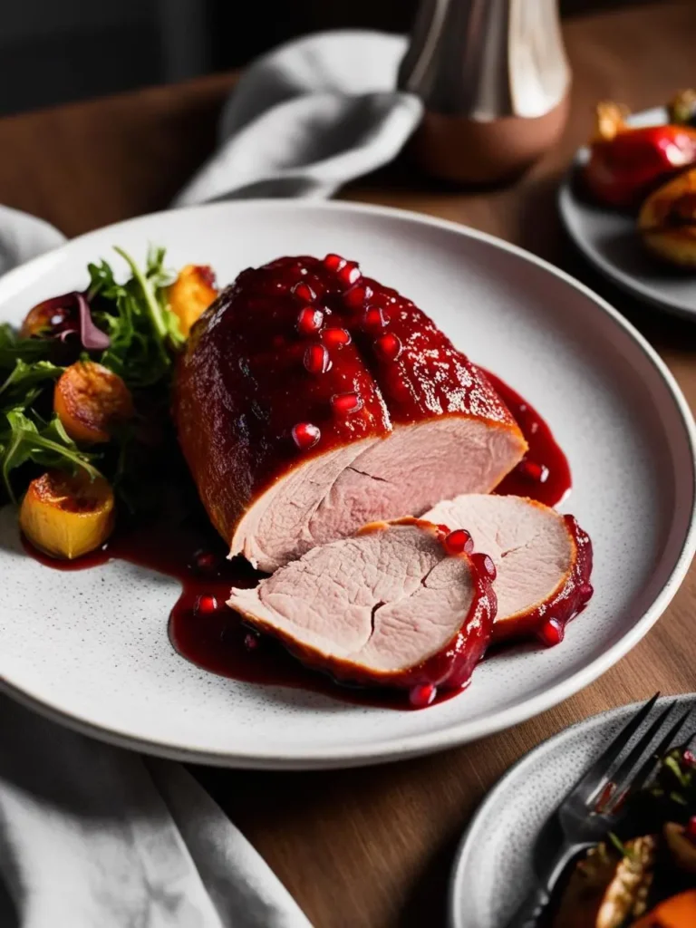 A sliced turkey breast on a white plate, coated in a rich, dark red sauce and sprinkled with pomegranate seeds. The turkey is fanned out, revealing a juicy interior. A side salad with greens and roasted root vegetables is on the left, and another plate with roasted vegetables is visible in the background.