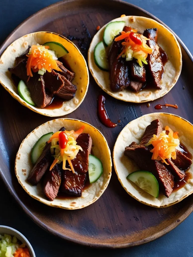 Four Korean-style beef tacos on a wooden platter. Each taco is filled with marinated, grilled beef, topped with pickled vegetables, and garnished with a drizzle of a sweet and savory sauce. The image evokes the flavors of a fusion dish that blends Mexican and Korean cuisine.