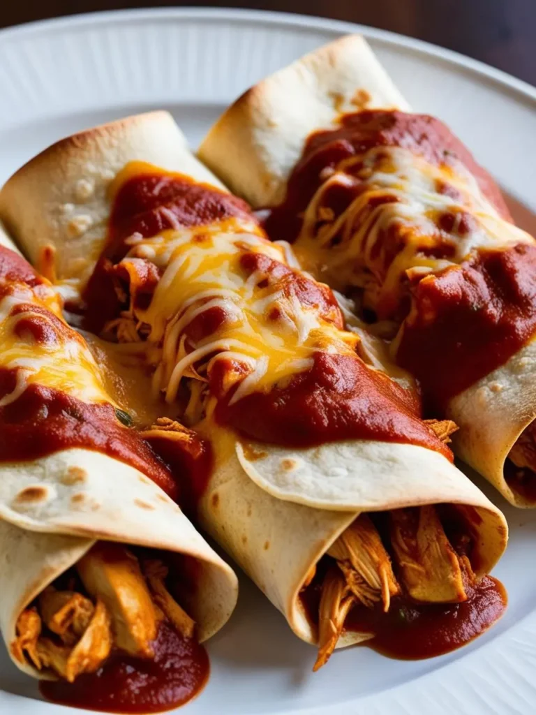 a white plate holds three chicken enchiladas, topped with a red sauce and melted cheese. the enchiladas are rolled and arranged loosely, and the cheese adds a creamy texture. the plate sits on a dark surface, and the enchiladas appear to be flavorful and well-filled. the image is shot from a low angle