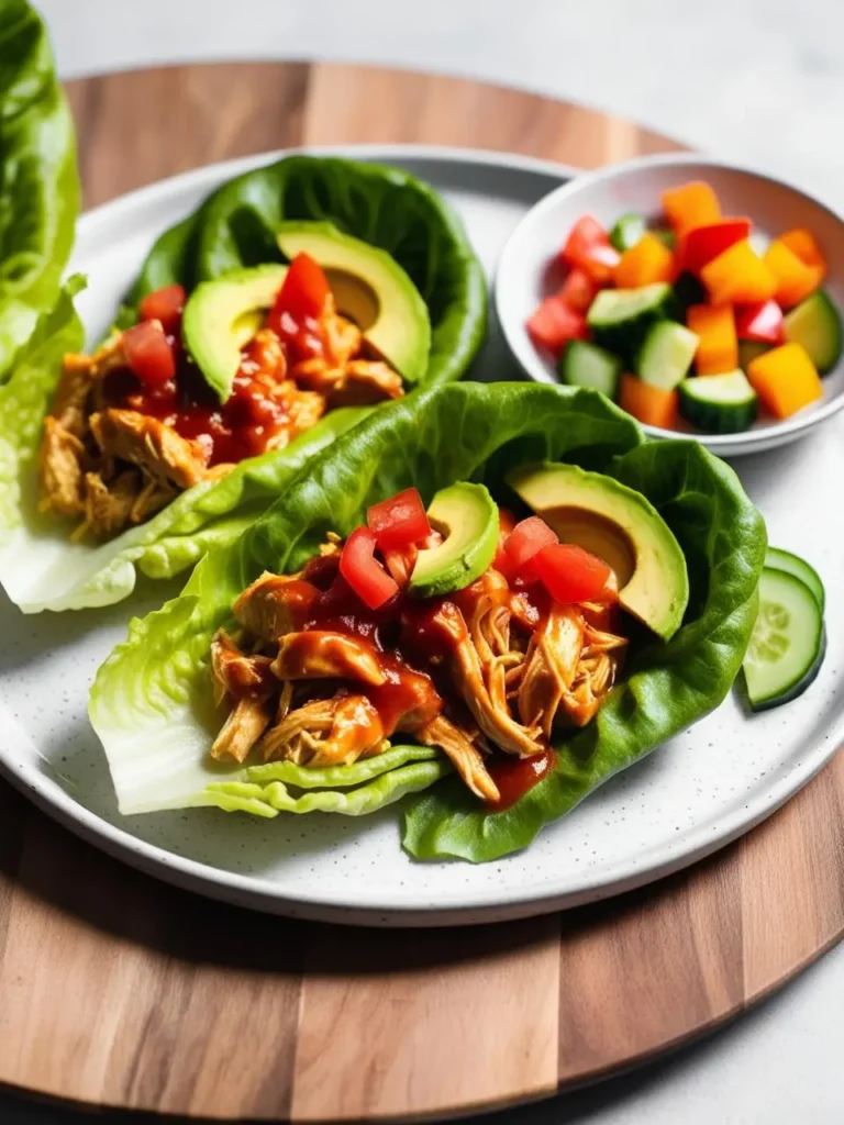 two lettuce wraps filled with pulled chicken, avocado slices, and diced tomatoes sit on a white plate. the chicken is coated in a red sauce, and the lettuce wraps are arranged loosely. a small bowl with diced vegetables is visible in the background. the plate sits on a wooden surface