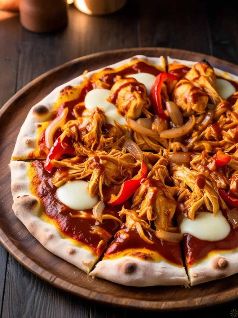 a wooden plate holds a sliced pizza with a light crust, topped with pulled chicken, red sauce, mozzarella, red peppers, and onions. the pizza is arranged on the plate, and the toppings are evenly distributed. the plate sits on a dark wooden surface, and the pizza appears to be flavorful and well-made