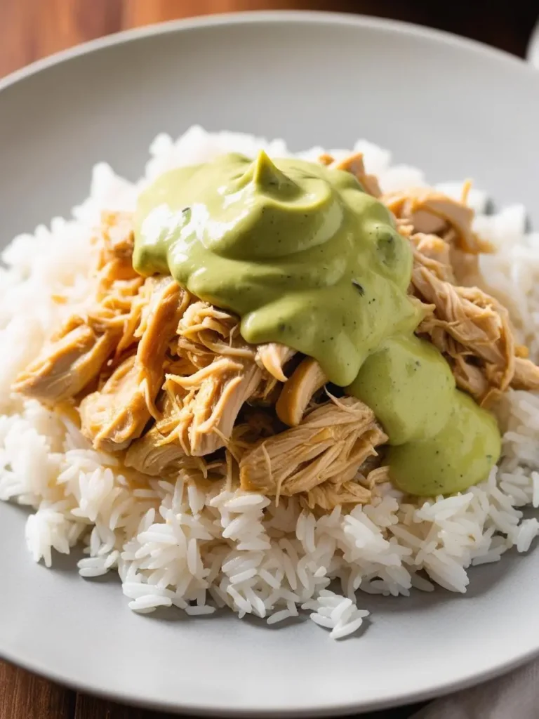 a gray plate holds a serving of pulled chicken atop a bed of white rice, topped with a dollop of green sauce. the chicken is shredded and arranged loosely, and the sauce adds a vibrant color and creamy texture. the plate sits on a wooden surface, and the chicken appears to be tender and flavorful