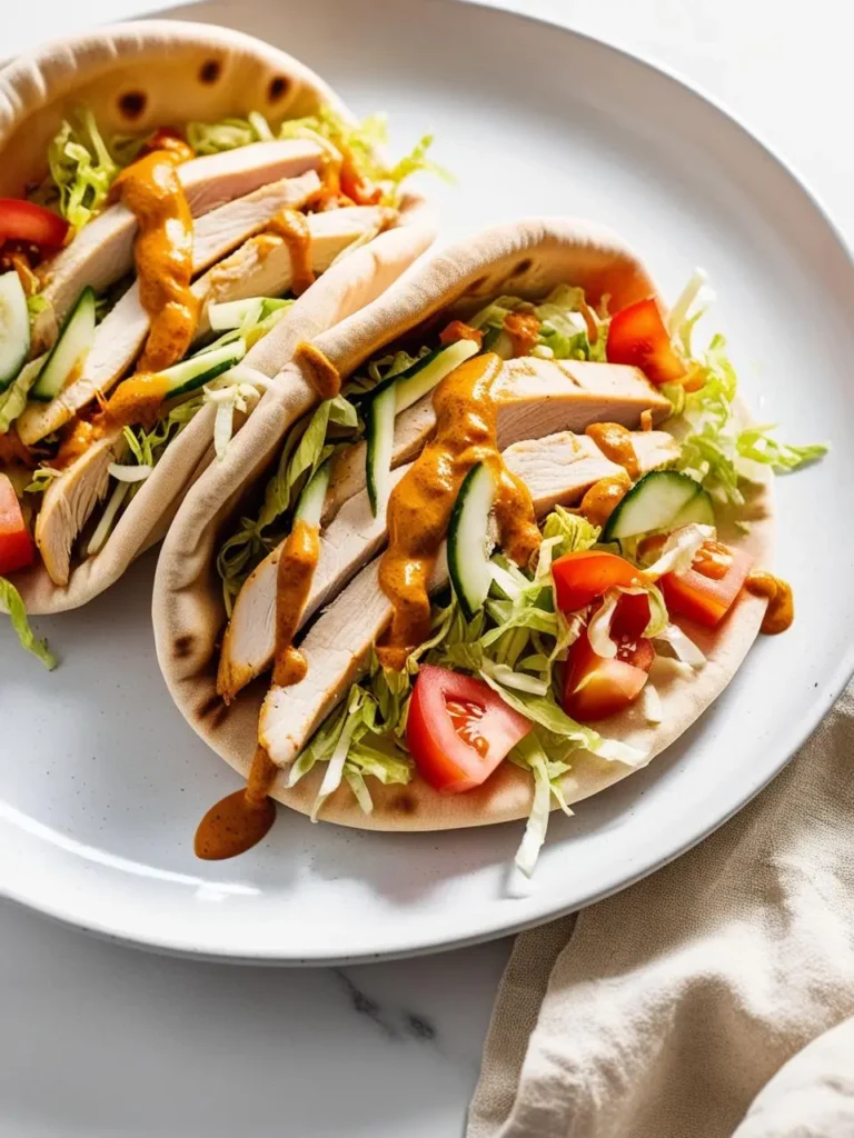 two pita pockets filled with sliced chicken, shredded lettuce, tomato, and cucumber sit on a white plate. an orange sauce is drizzled over the chicken. the pita pockets are arranged loosely, and the ingredients are visible. a folded cloth is visible in the bottom right corner. the wraps appear to be flavorful