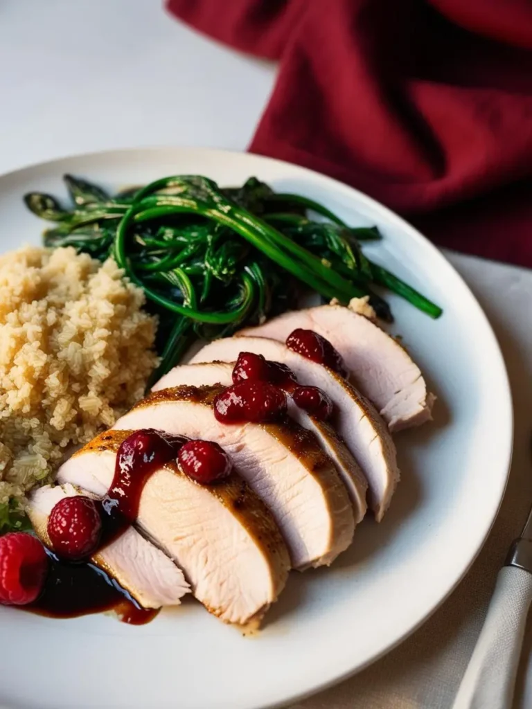 A plate of sliced turkey breast with cranberry sauce, quinoa, and greens. The turkey is arranged in slightly overlapping slices, topped with glossy, deep red cranberry sauce and a few whole cranberries. Fluffy quinoa is on the left, and wilted greens are at the top of the plate. A deep red cloth is partially visible in the upper right corner.