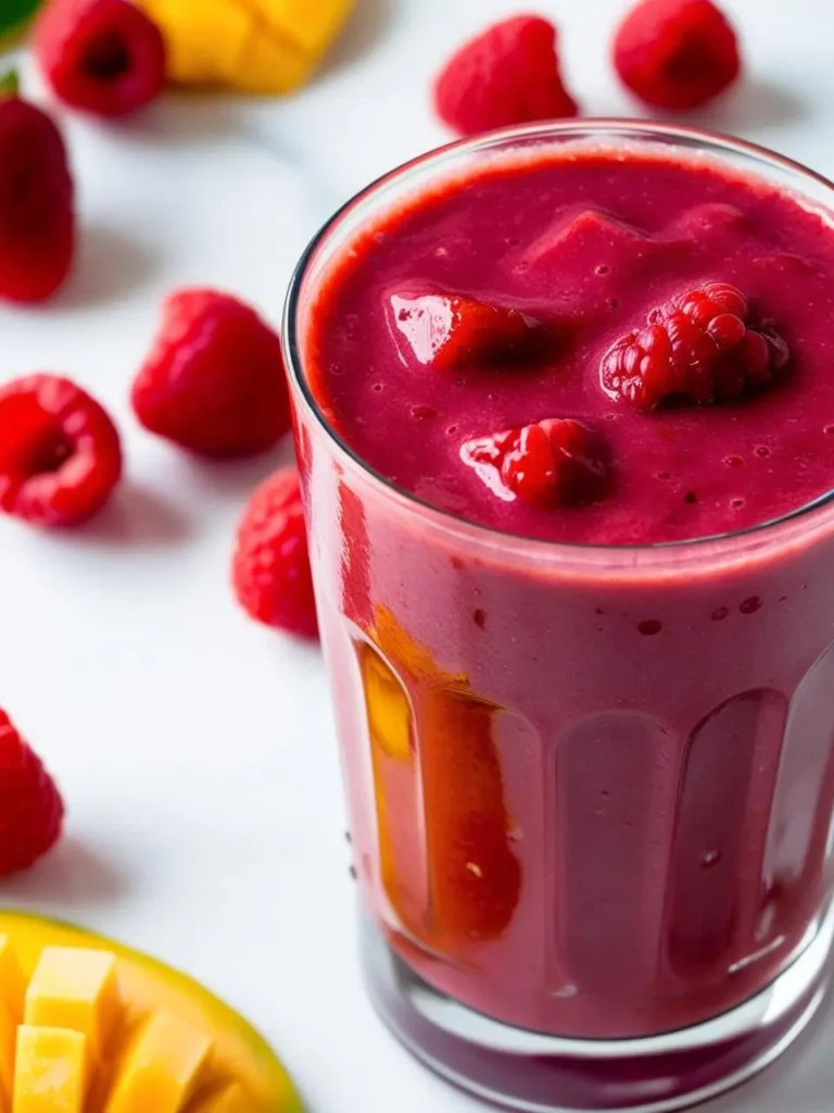 a glass filled with a vibrant raspberry smoothie sits on a white surface, surrounded by fresh raspberries and chunks of mango. the smoothie has a rich, deep red color, and the ingredients are scattered around the glass, creating a visually appealing and refreshing scene