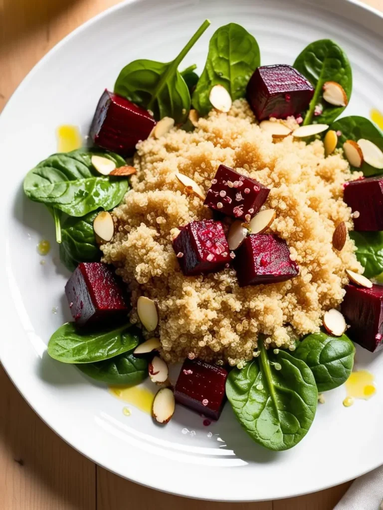 a quinoa salad on a white plate. the salad includes cooked quinoa, spinach leaves, cubed beets, and almond slices. a light dressing is drizzled over the salad. the plate is placed on a wooden surface. the salad appears fresh and colorful. the beets are a deep red color