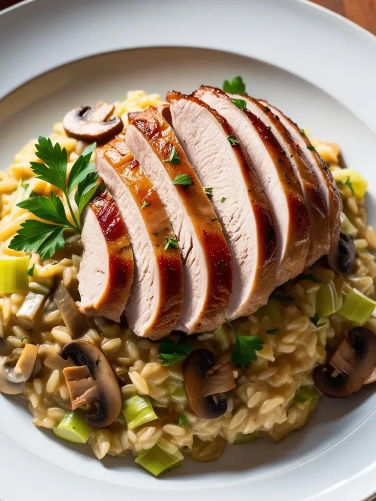 A plate of creamy risotto topped with sliced chicken breast. The risotto is studded with mushrooms and leeks and garnished with fresh parsley. The chicken is tender and juicy, with a golden-brown crust. The image evokes the aroma of a comforting and flavorful meal.