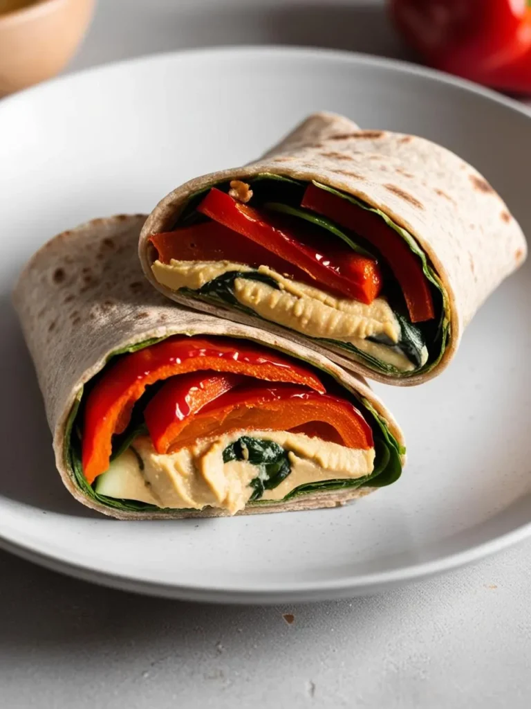 two halves of a veggie wrap on a light gray plate. the wrap has a whole wheat tortilla and is filled with hummus, spinach, cucumber, and red bell pepper. a small bowl with a reddish object is blurred in the upper left corner. the background is a light gray surface