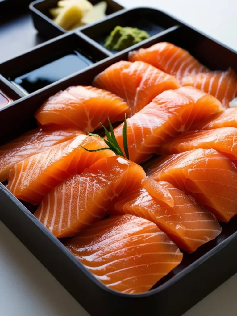 A close-up shot of a bento box filled with raw salmon slices. The salmon is a vibrant orange, arranged neatly in the compartments of the box. Small containers of wasabi, ginger, and soy sauce are visible at the top of the box. The image suggests a fresh and healthy meal, ready to be enjoyed.