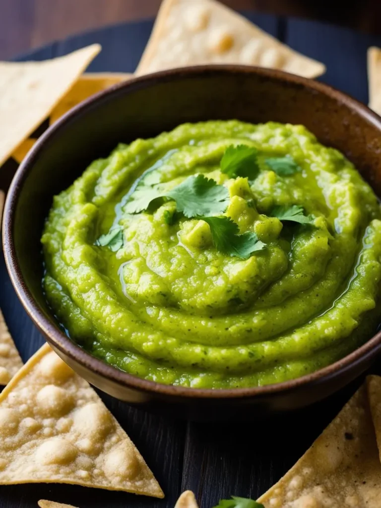 A bowl of vibrant green guacamole, garnished with fresh cilantro. Tortilla chips are scattered around, ready for dipping. The guacamole looks creamy and flavorful, perfect for a party or snack.