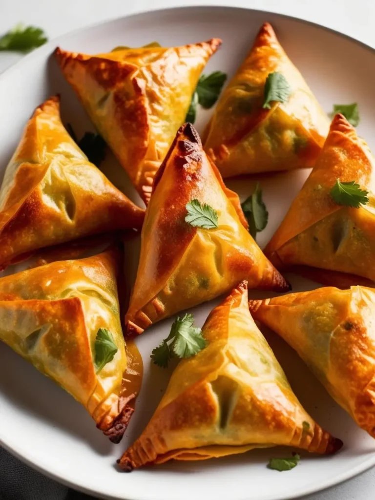 A plate of golden-brown samosas. These triangular pastries are filled with a savory mixture of vegetables and spices, making them a popular appetizer or snack. The image evokes the aroma of warm spices and the promise of a flavorful bite.