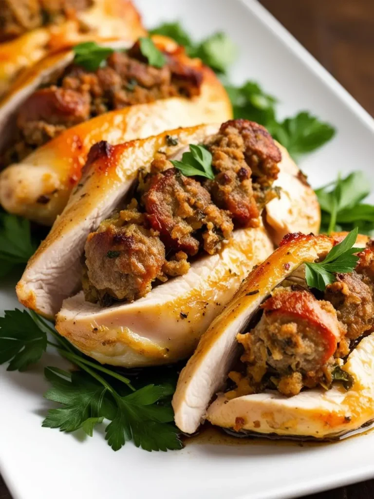 a white plate holds stuffed chicken breasts, filled with a sausage mixture and garnished with parsley. the chicken breasts are browned and arranged loosely, and the stuffing adds a savory element. the plate sits on a dark surface, and the chicken appears to be tender and flavorful. the image is shot from a low angle