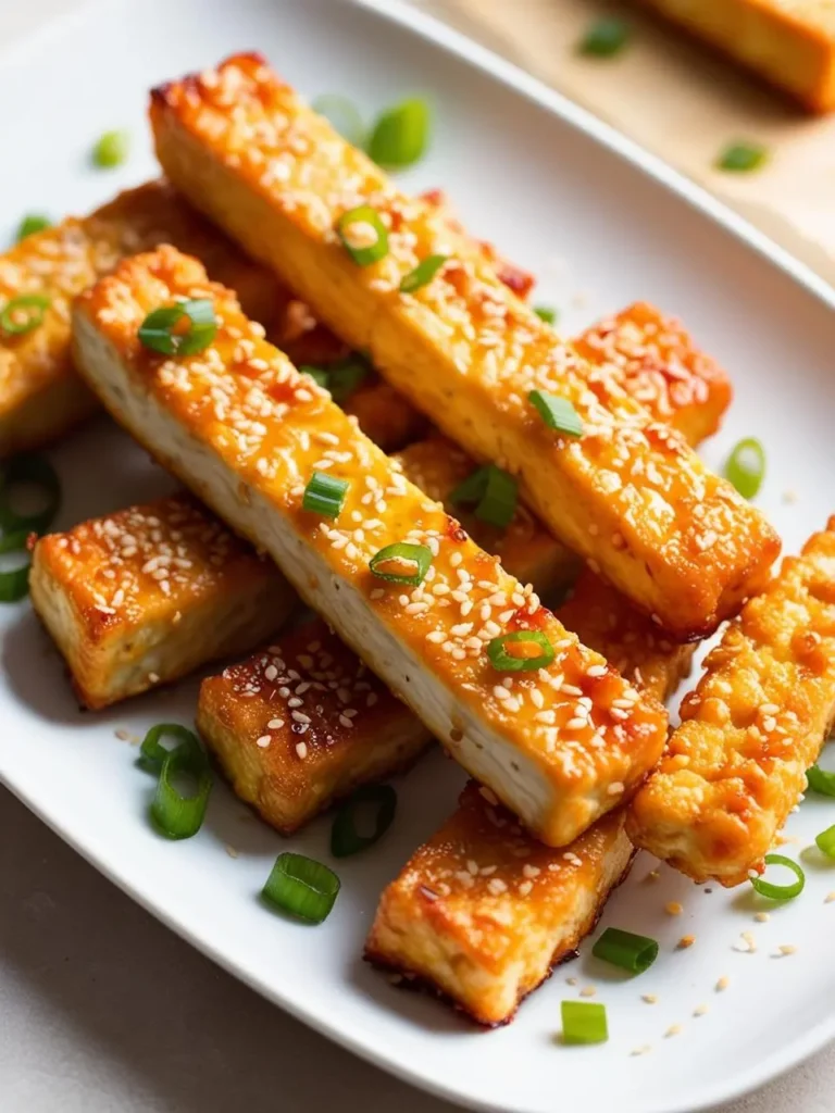 a white plate holds several cooked tofu sticks, browned and sprinkled with sesame seeds and green onions. the tofu sticks are arranged loosely, and the sesame seeds and green onions add a pop of color and texture. the plate sits on a light surface, and the tofu appears to be crispy and flavorful