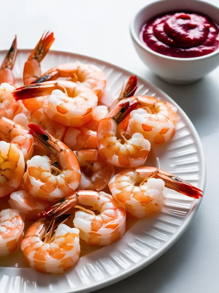 A plate of plump, cooked shrimp arranged on a white plate. Next to the shrimp is a small bowl of bright pink cocktail sauce. The image evokes the freshness of the seafood and the promise of a light and refreshing appetizer.