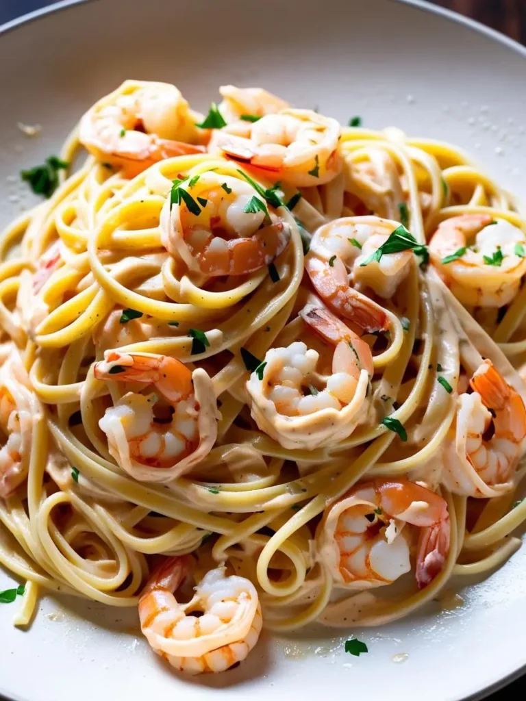 A plate of creamy shrimp scampi pasta. The pasta is coated in a rich, buttery sauce with plump shrimp and fresh parsley. The image evokes the aroma of garlic and butter, and the promise of a delicious and satisfying meal.