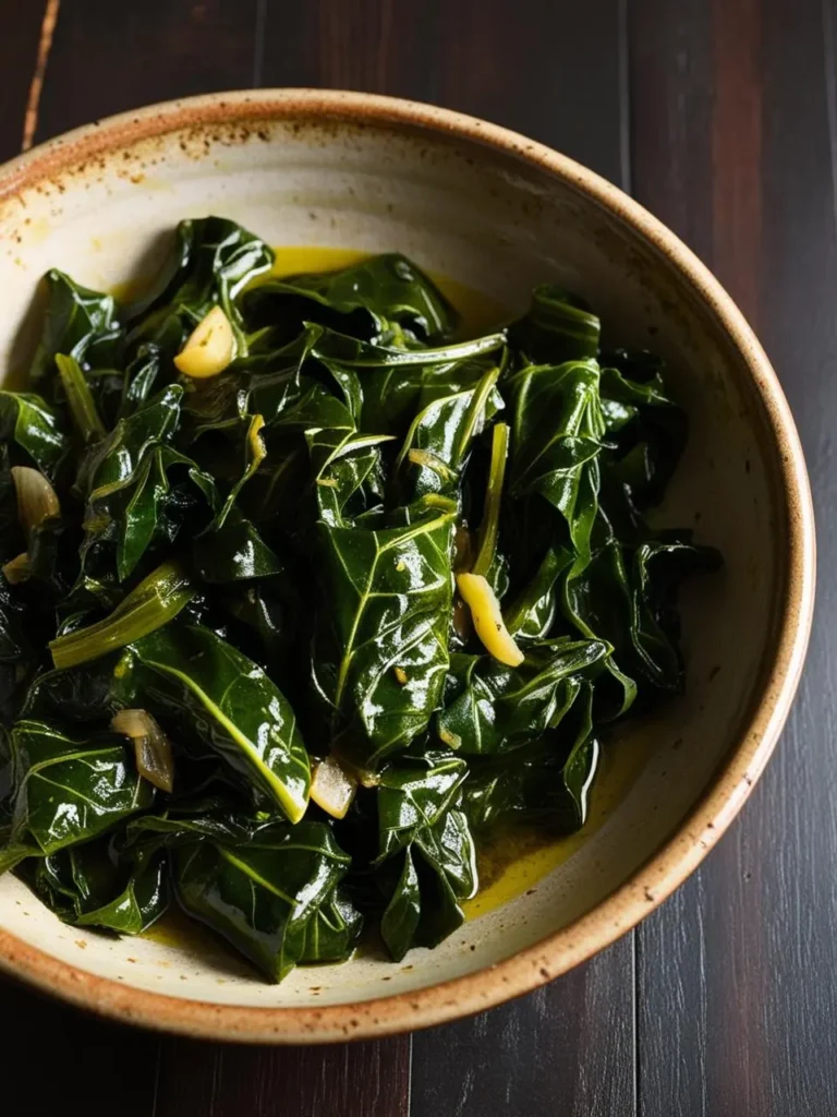 a rustic bowl filled with glossy, dark green collard greens sits on a dark wooden surface. the greens are interspersed with pieces of garlic, and a light-colored liquid pools at the bottom of the bowl. the bowl's earthy tones complement the rich color of the greens