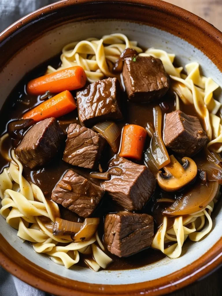 A bowl of hearty beef stew with tender chunks of meat, vegetables like carrots and onions, and a rich, dark gravy. The stew is served over a bed of egg noodles, making it a comforting and satisfying meal.