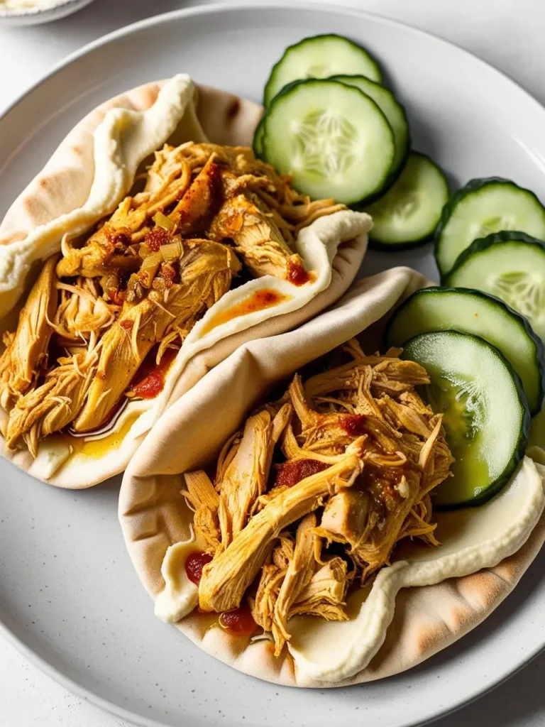 two pita pockets filled with shredded chicken and a red sauce sit on a gray plate, accompanied by cucumber slices. the chicken is arranged loosely, and the sauce adds a rich color. the pita pockets are open, showcasing the filling. the plate sits on a light surface, and the wraps appear to be flavorful