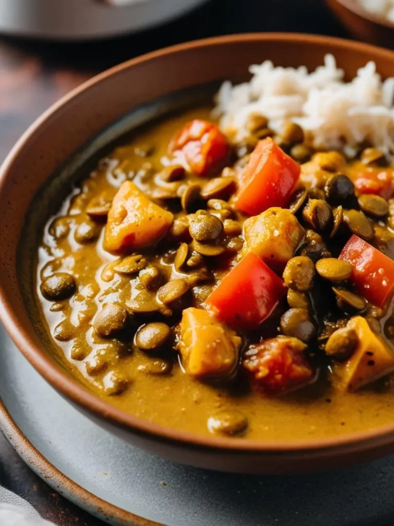 a brown bowl filled with lentil stew sits on a speckled plate. the stew features lentils, diced tomatoes, and yellow vegetables in a thick, golden broth. a scoop of white rice rests on the side. the bowl is set against a dark background, highlighting the stew's warm colors