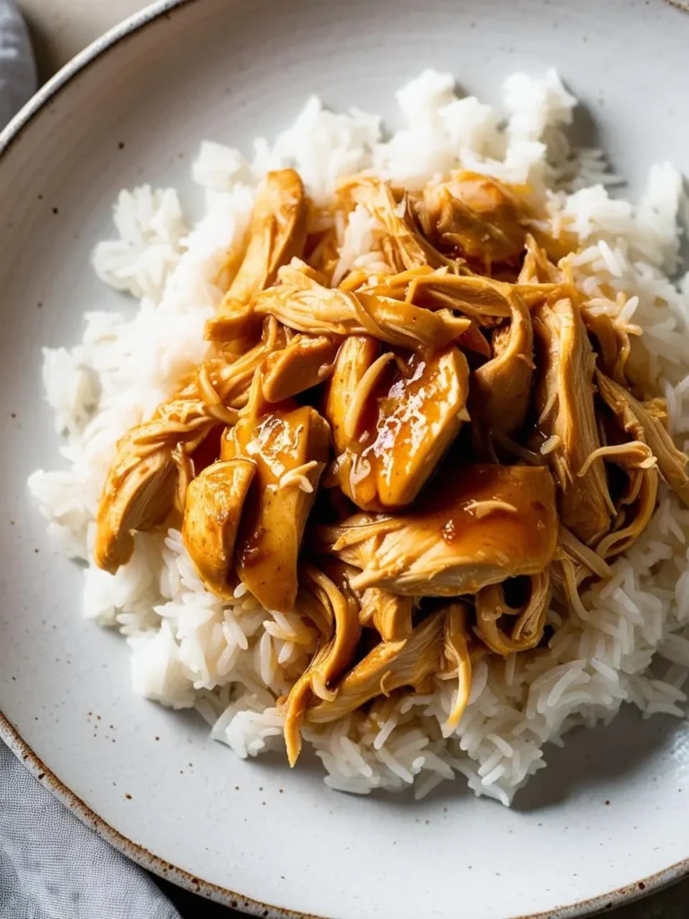 a white plate holds a mound of fluffy white rice, topped with shredded chicken coated in a glossy, brown sauce. the chicken is tender and glistening, suggesting a savory and flavorful dish. the plate is set against a light background, highlighting the simplicity and appeal of the meal