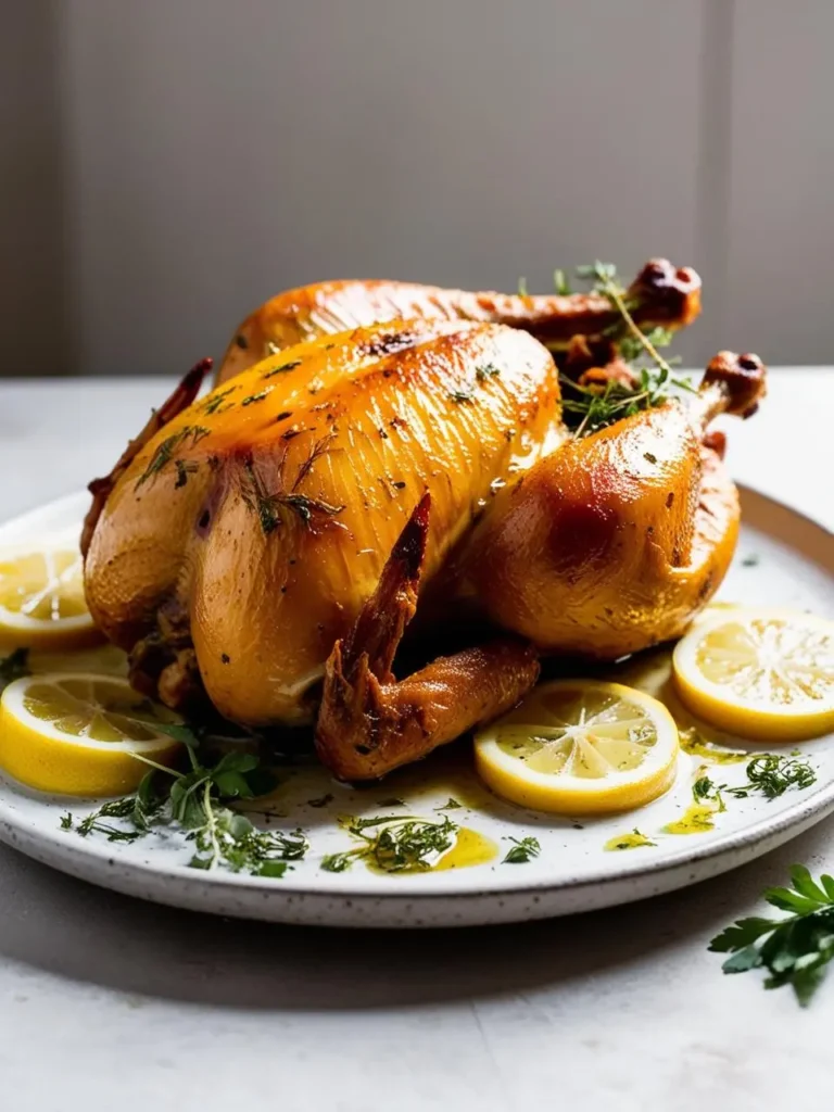 a golden-brown roasted chicken rests on a speckled plate, surrounded by lemon slices and fresh herbs. the chicken is glistening and appears juicy, suggesting a flavorful meal. the plate is set against a light background, highlighting the chicken's rich color and the vibrant garnishes