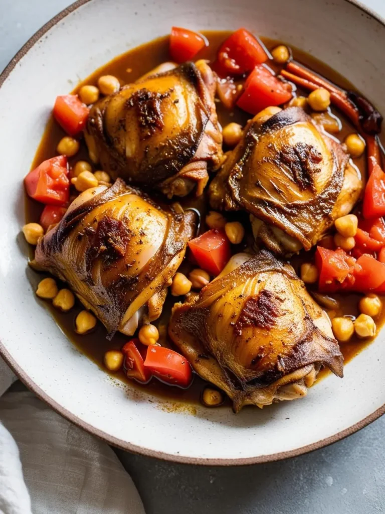 four golden-brown chicken thighs rest in a shallow bowl, surrounded by chickpeas and diced tomatoes in a light broth. the chicken skin is crisp and glistening, suggesting a savory and flavorful dish. a cinnamon stick is visible among the ingredients. the bowl is set against a gray surface