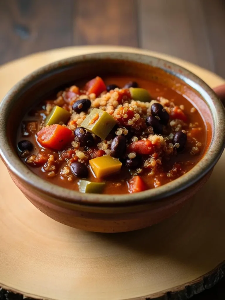 a rustic bowl filled with hearty quinoa chili sits atop a wooden surface. the chili features a mix of black beans, diced carrots, green and yellow bell peppers, and quinoa in a rich, dark broth. the bowl's earthy tones complement the warm, natural setting.