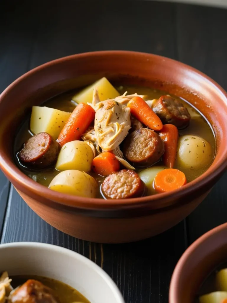 a brown bowl holds chicken and sausage soup, featuring pieces of chicken, sliced sausage, potatoes, and carrots in a light broth. the soup is arranged loosely, and the bowl sits on a dark wooden surface. other bowls of soup are partially visible in the background. the image is shot from a low angle