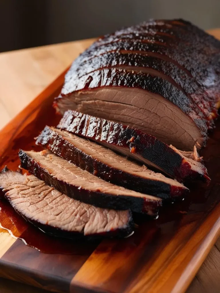 A perfectly smoked brisket, sliced and served on a wooden board. The brisket has a dark, mahogany crust and is sliced to reveal its tender, juicy interior. The image evokes the aroma of smoky barbecue and the promise of a delicious meal.