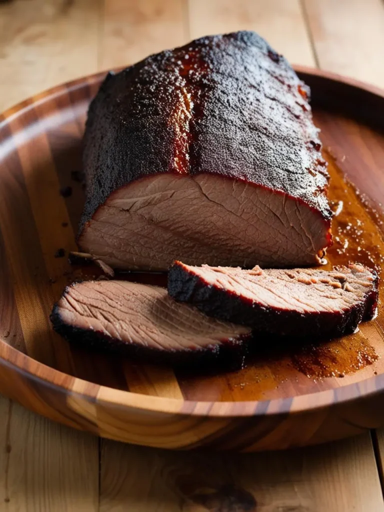 A perfectly smoked brisket, sliced and served on a wooden platter. The brisket has a dark, mahogany crust and is sliced to reveal its tender, juicy interior. The image evokes the aroma of smoky barbecue and the promise of a delicious meal.