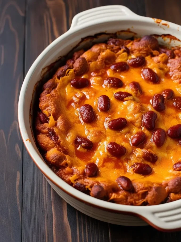 a white oval dish holds baked beans, topped with melted cheese and scattered kidney beans. the baked beans have a rich, brown color, and the cheese adds a creamy texture. the dish sits on a dark wooden surface, and the image is shot from a low angle, showcasing the dish's texture