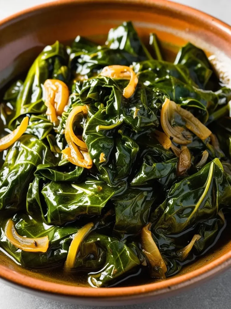 a close-up shot of a bowl filled with braised collard greens, interspersed with caramelized onions. the greens are dark and glossy, suggesting a rich, savory dish. the bowl has a rustic, earthy tone, and the greens are arranged loosely, creating a natural and appetizing presentation