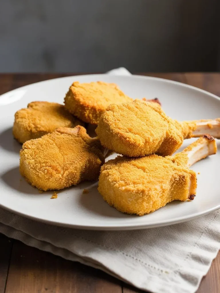 Five golden-brown, breaded pork chops on a white plate. The chops are bone-in and appear thick and juicy, with a crispy coating.  A light-colored napkin rests beneath the plate, and a dark background provides contrast. The image suggests a simple, hearty, and satisfying meal.