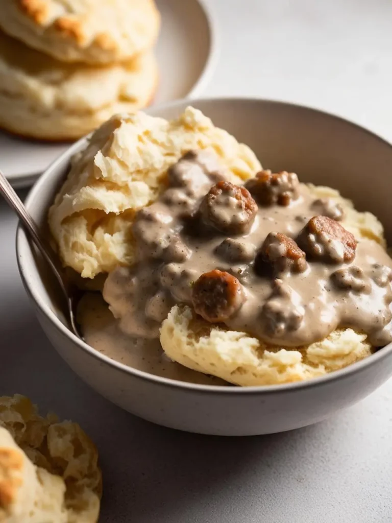 A bowl of biscuits and gravy. The biscuits are split open and smothered in a rich, creamy sausage gravy. The image evokes the aroma of savory spices and the promise of a warm and comforting breakfast.