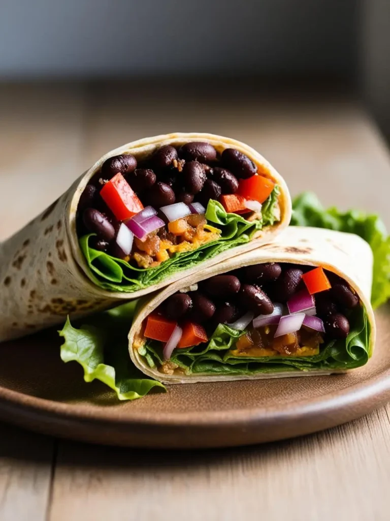 two halves of a black bean burrito on a brown plate. the burrito is filled with black beans, red bell peppers, red onions, and lettuce. the tortilla is light-colored. a few lettuce leaves are on the side. the background is a wooden surface. the light source is from the left