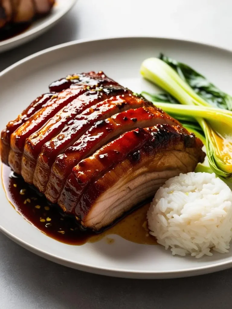 a plate with sliced char siu pork, a scoop of white rice, and bok choy. the pork has a glossy, reddish-brown glaze and is sliced into thick pieces. the rice is round and tightly packed. the bok choy is green and crisp. another plate with the same dish is partially visible in the upper left corner