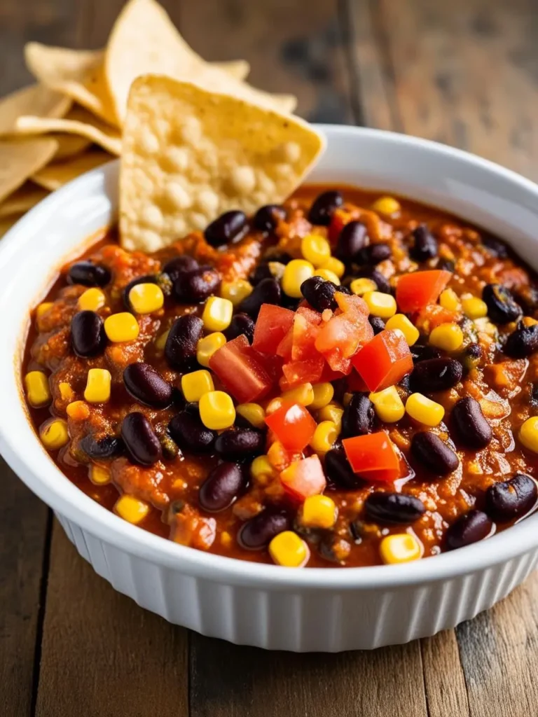 a white bowl filled with chili, topped with black beans, corn, and diced tomatoes, sits on a wooden surface. tortilla chips are arranged around the bowl. the chili has a rich, red color, and the toppings add a vibrant contrast. the image is shot from a low angle, showcasing the chili's texture