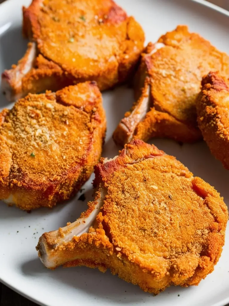 Five golden-brown, bone-in pork chops on a white plate, viewed from above. The chops are coated in a crispy, textured breading and arranged in a slightly overlapping pattern. The image suggests a simple, home-cooked meal, focusing on the crispy texture and appetizing appearance of the pork chops.