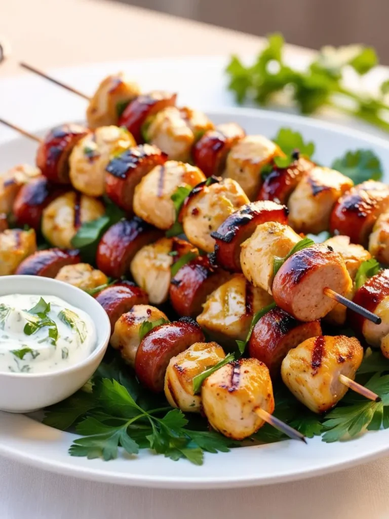 a white plate holds skewers of grilled chicken and sausage, arranged on a bed of parsley. a small white bowl with a creamy dipping sauce is visible in the bottom left corner. the skewers are browned and appear to be juicy. the image is well-lit, showcasing the dish's presentatio