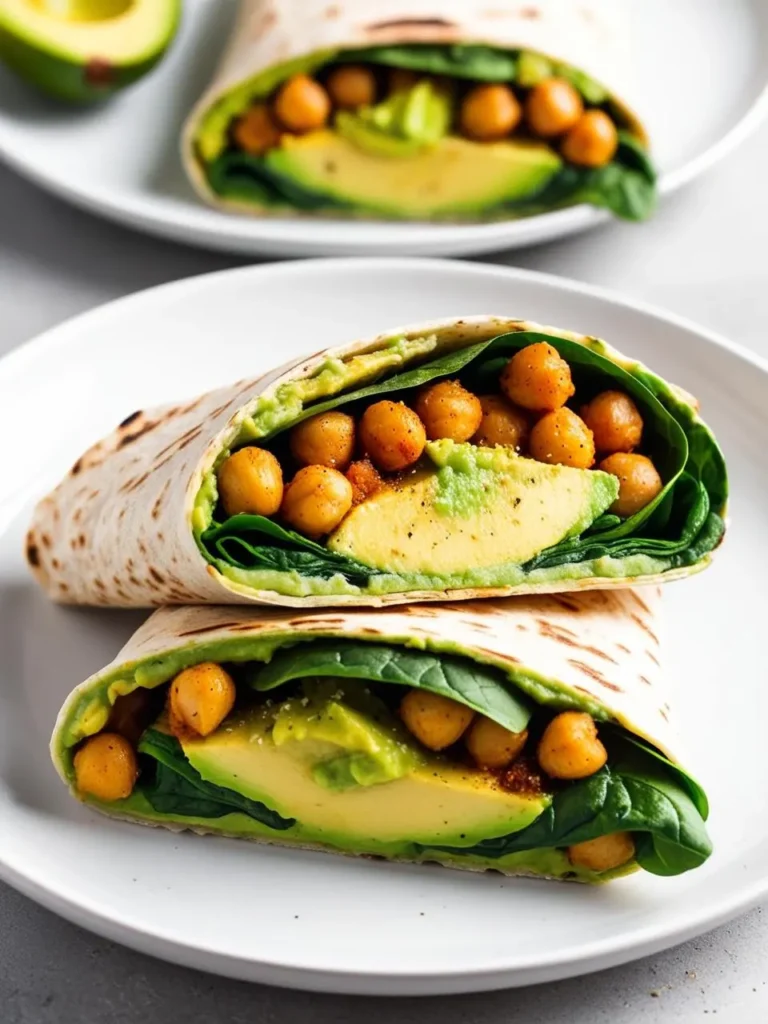 two chickpea and avocado wraps stacked on a white plate. the wraps are filled with spinach, avocado slices, and seasoned chickpeas. a second plate with another wrap and a halved avocado is visible in the background. the surface is a light gray color. the wraps have a light-colored tortilla