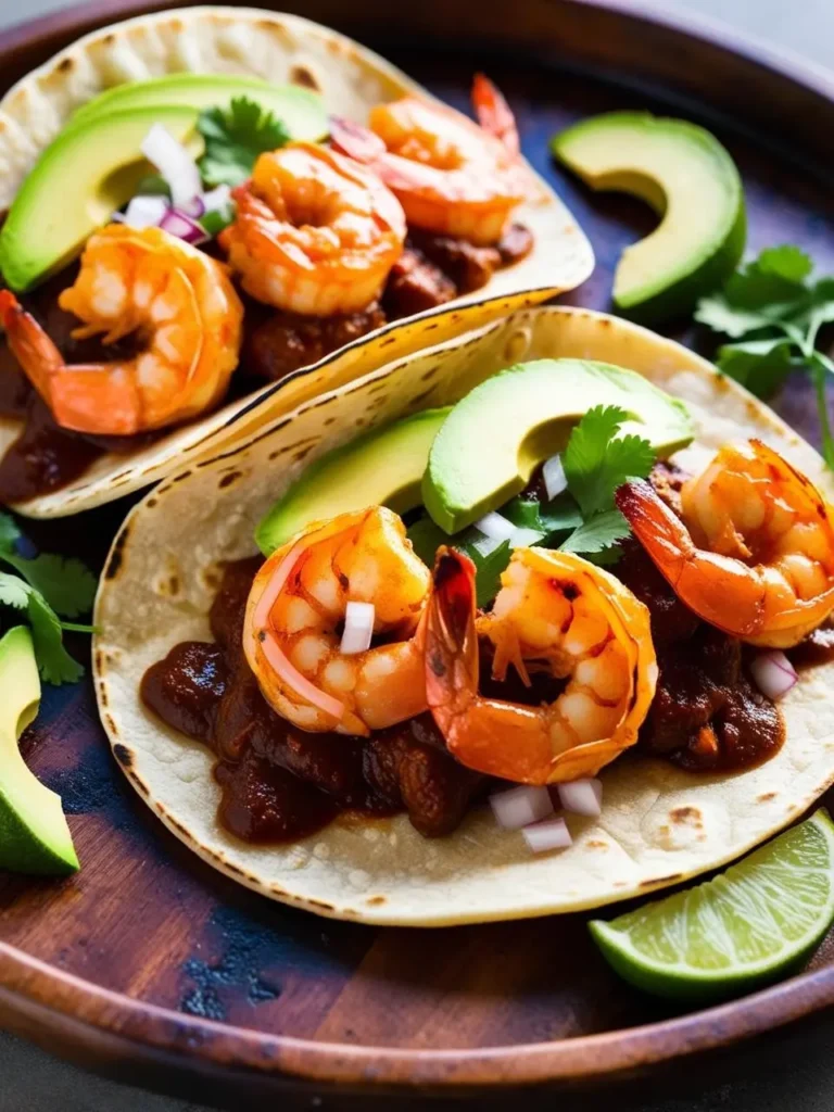 Two delicious shrimp tacos with all the fixings! Each taco is filled with juicy shrimp, topped with a tangy salsa, and garnished with fresh avocado slices, cilantro, and a squeeze of lime. The tacos are arranged on a wooden platter, ready to be devoured.