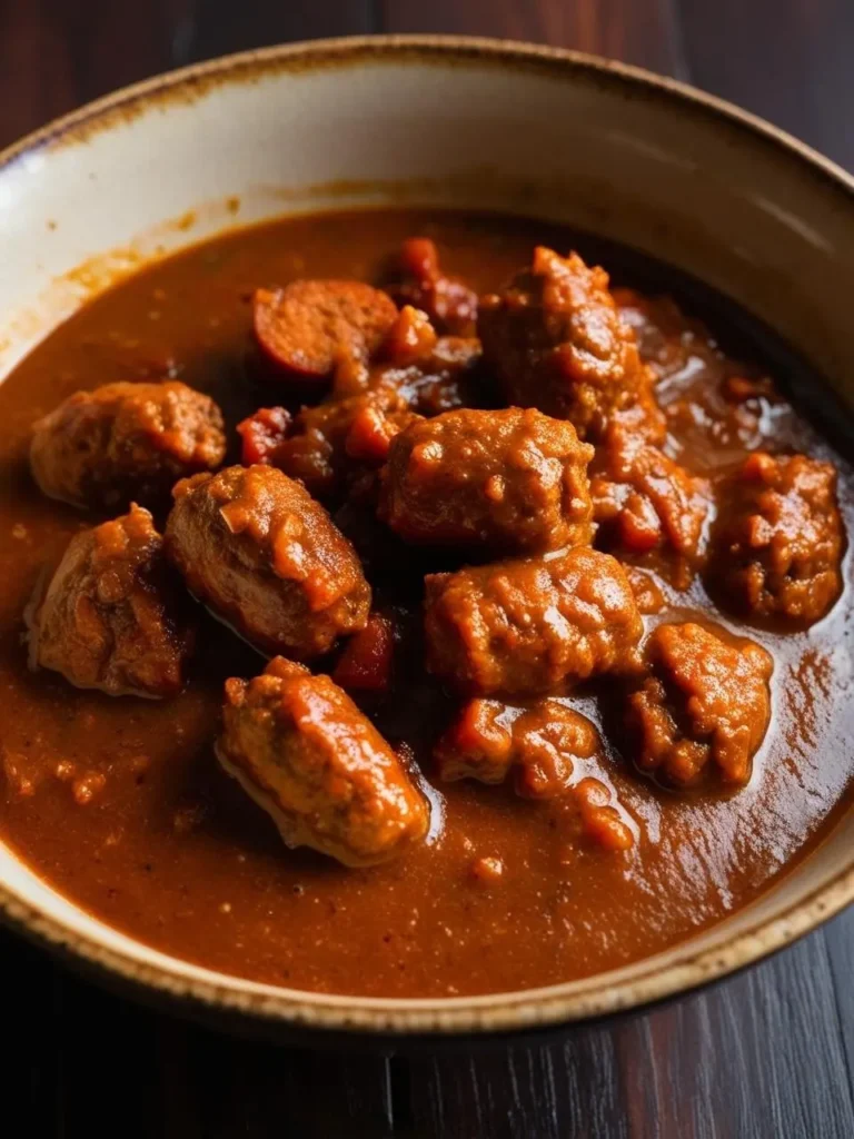 A bowl of hearty sausage stew simmering in a rich, tomato-based sauce. The stew is filled with tender sausage links and vegetables, creating a warm and comforting meal. The image evokes the aroma of savory spices and the promise of a delicious and satisfying dish.