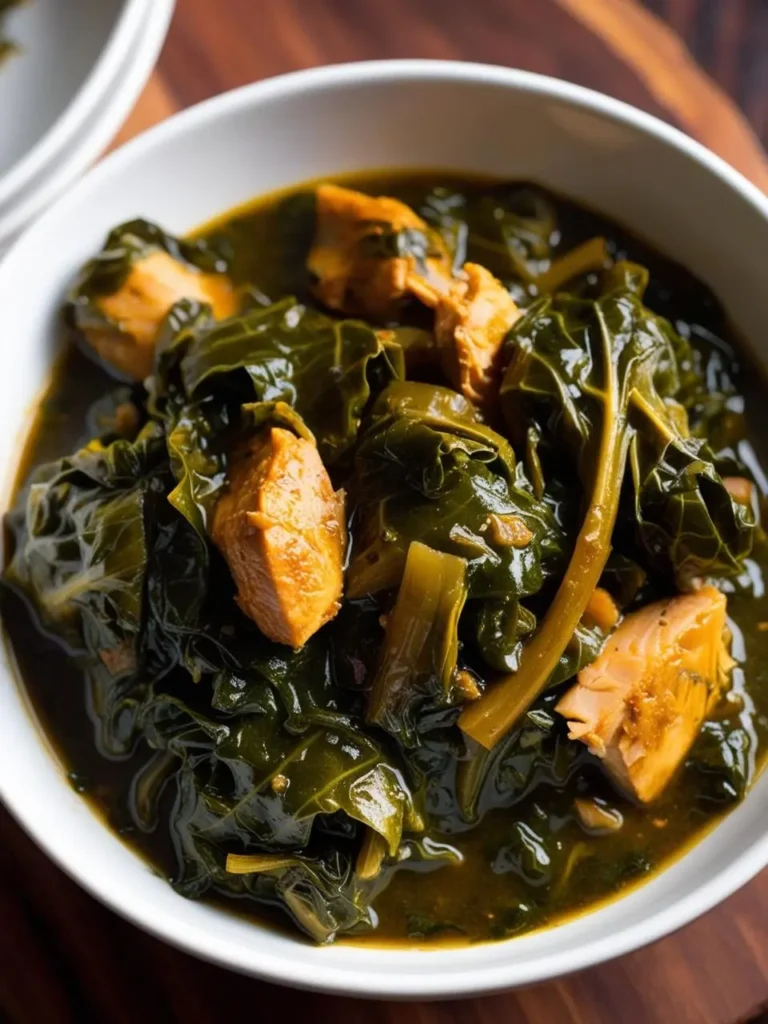 a white bowl filled with braised collard greens and chunks of chicken sits on a wooden surface. the greens are dark and glossy, and the chicken pieces have a golden-brown hue. the dish appears to be a hearty and flavorful meal, with the ingredients immersed in a rich broth