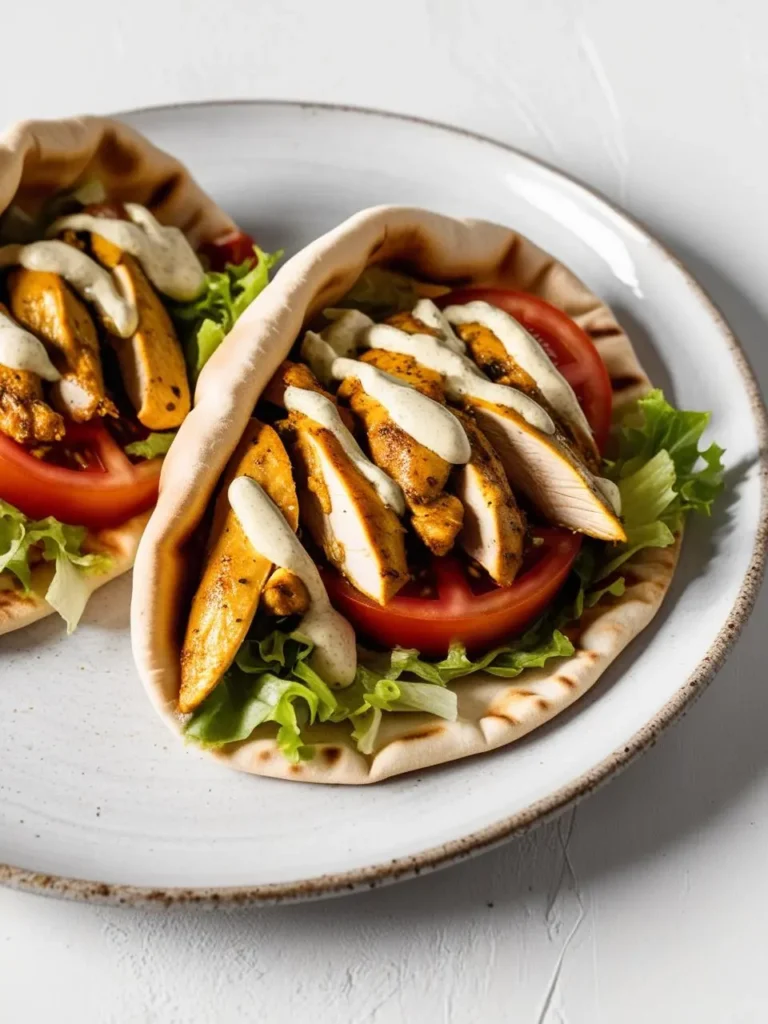 two pita wraps filled with sliced chicken, lettuce, and tomato sit on a gray plate. a creamy white sauce is drizzled over the chicken. the pita wraps are arranged loosely, and the ingredients are visible. the plate sits on a light surface, and the wraps appear to be flavorful and well-made